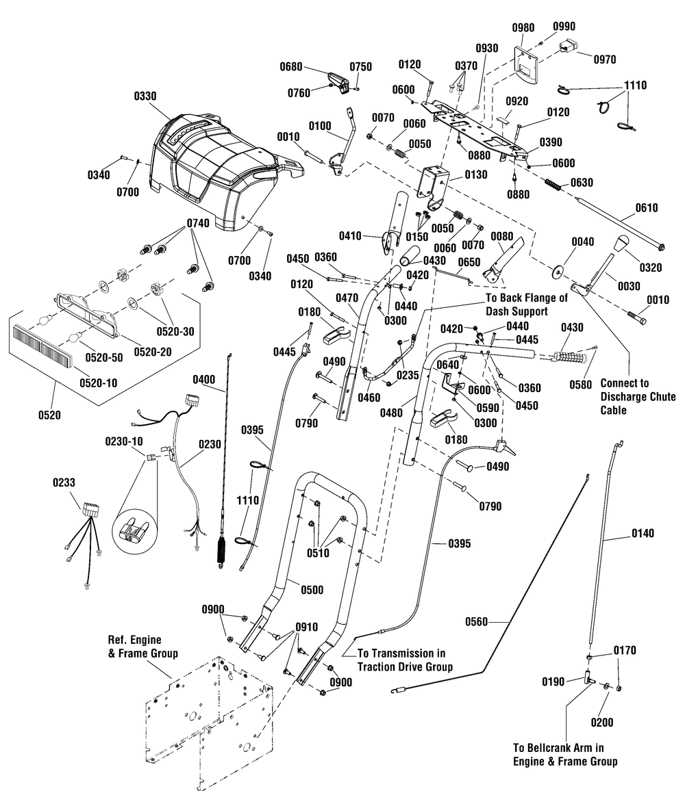 Handles And Controls Group Diagram and Parts List for 1696484-00-CM741450SE  Briggs and Stratton Snow Blower